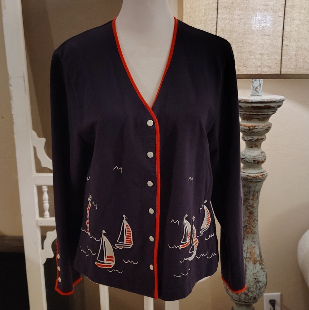 Mandal BayVintage Nautical Navy Cardigan with Red Trim Size S Fourth Of July